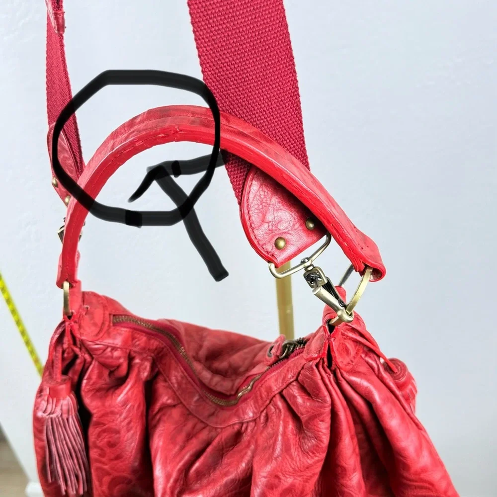 SABINA NEW YORK Red Embossed Leather Hobo Bag Tassels Vintage